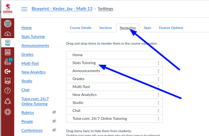 Screenshot of Canvas settings page navigation tab for rearranging navigation 