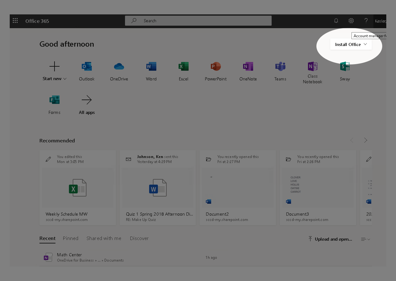 Image of Office 365 site highlighting link to "Install Office"