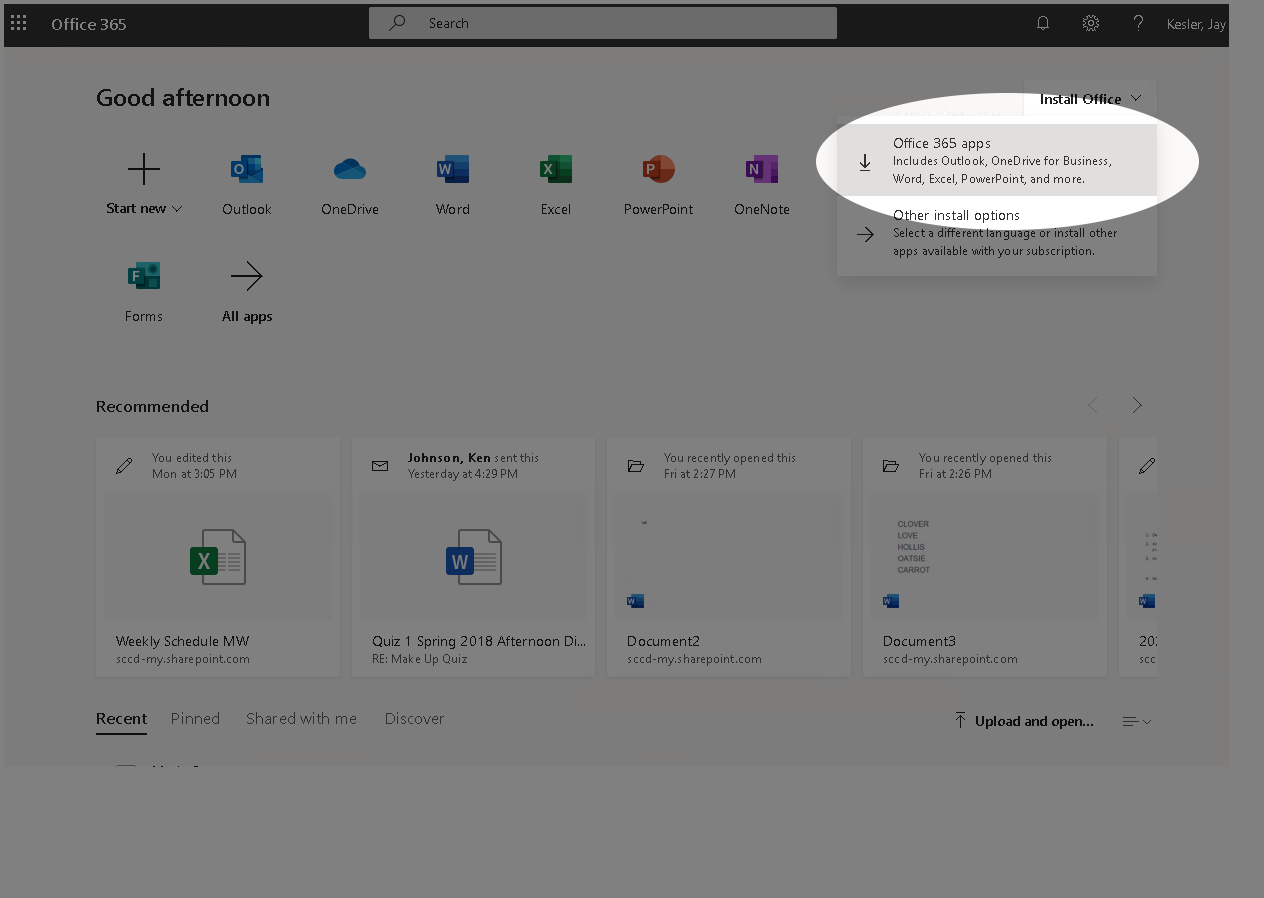 Image of Office 365 with Install Office link clicked, highlighting link to download Office 365 apps.