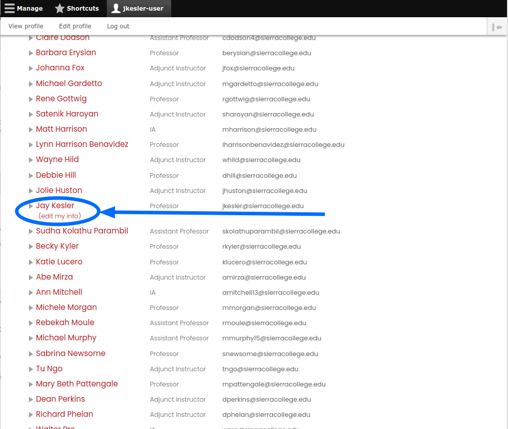 Screenshot showing "edit my info" link on Faculty & Staff page.